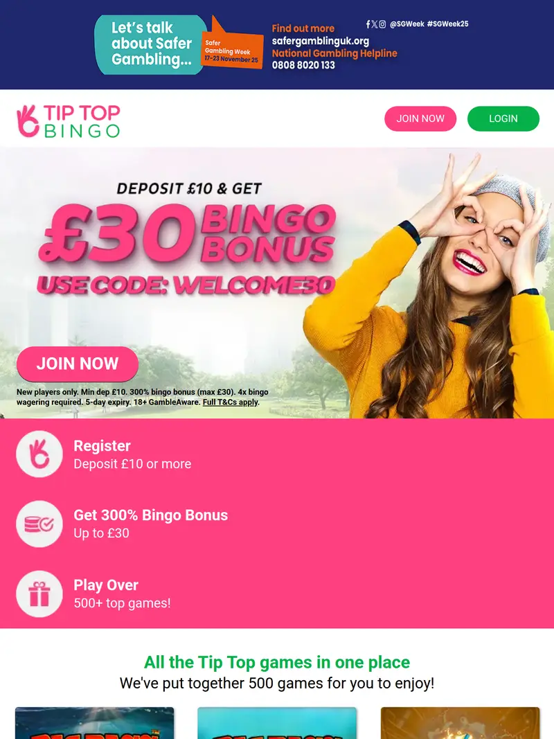 Tip Top Bingo - homepage (tablet)