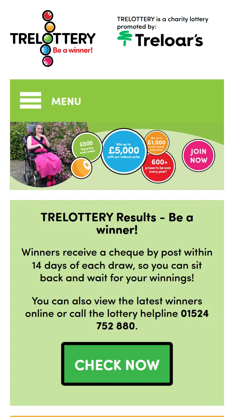TRE Lottery - homepage (mobile)