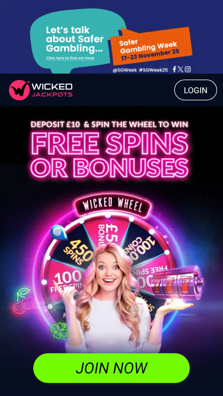 Wicked Jackpots - homepage (mobile)