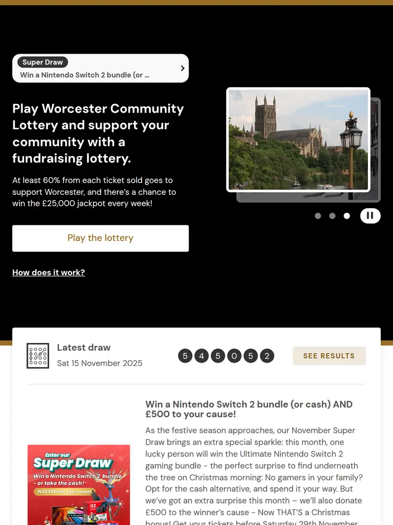 Worcester Lottery - homepage (tablet)