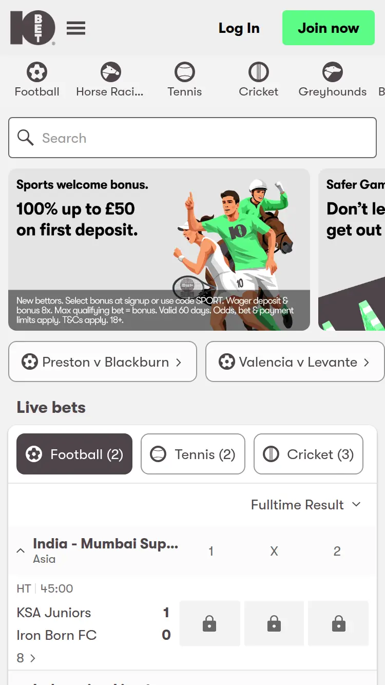 10 Bet - homepage (mobile)