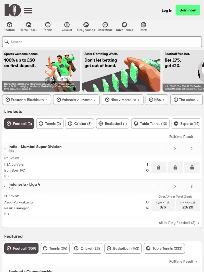 10 Bet - homepage (tablet)