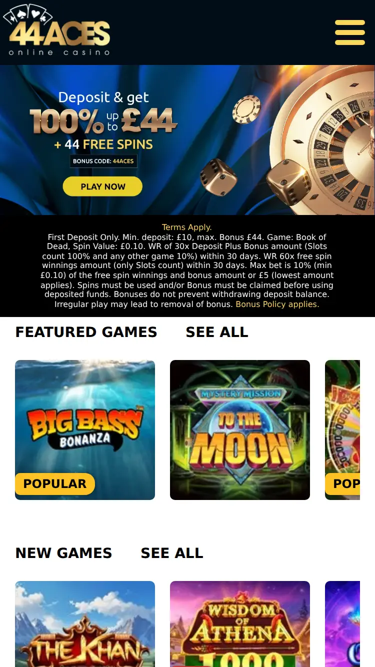 44 Aces - homepage (mobile)