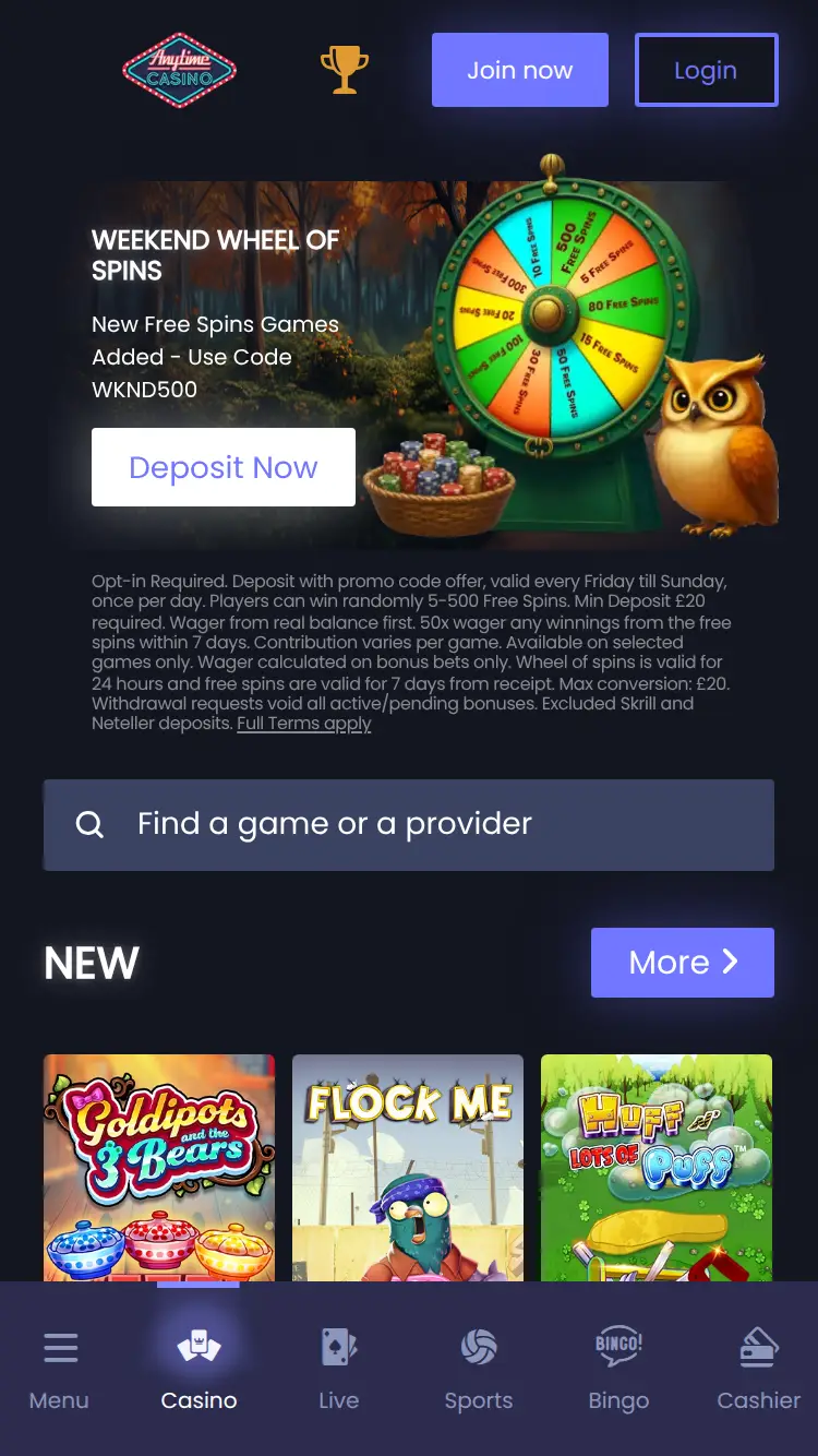 Anytime Casino - homepage (mobile)