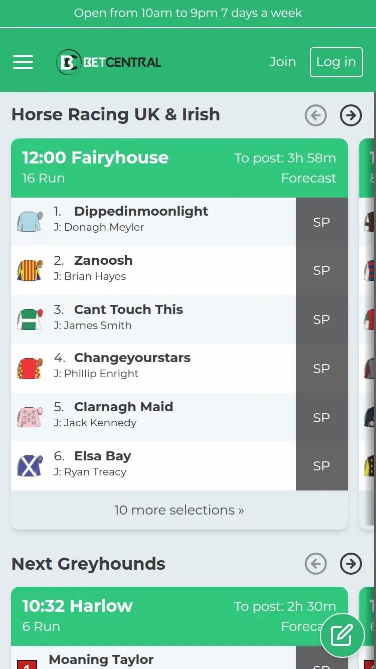 Betcentral - homepage (mobile)