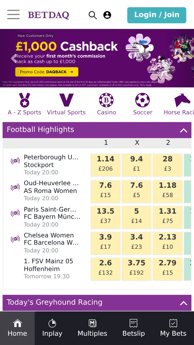 Betdaq - homepage (mobile)