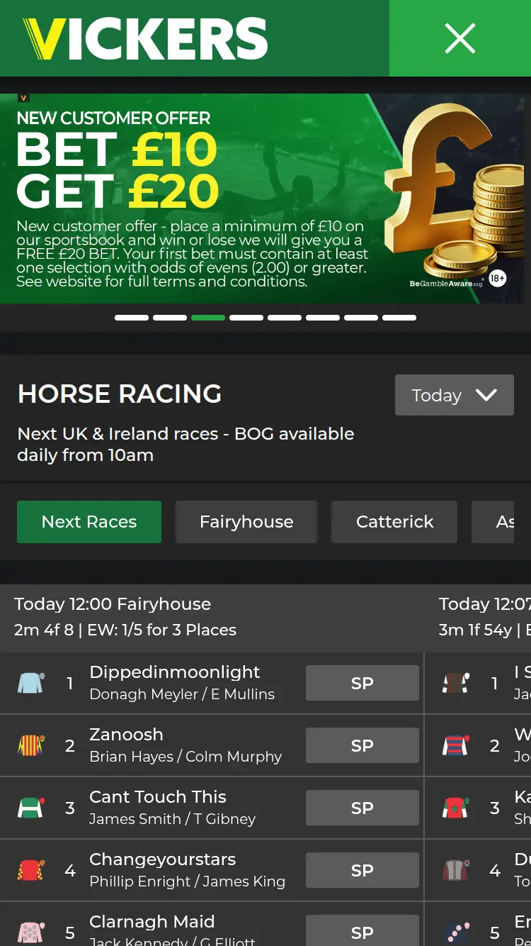 Betvickers - homepage (mobile)