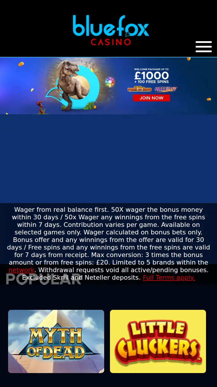 Bluefox Casino - homepage (mobile)