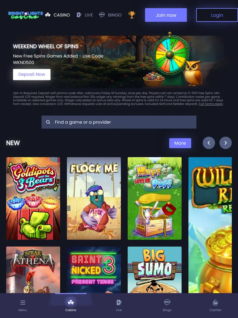 Brightlights Casino - homepage (tablet)