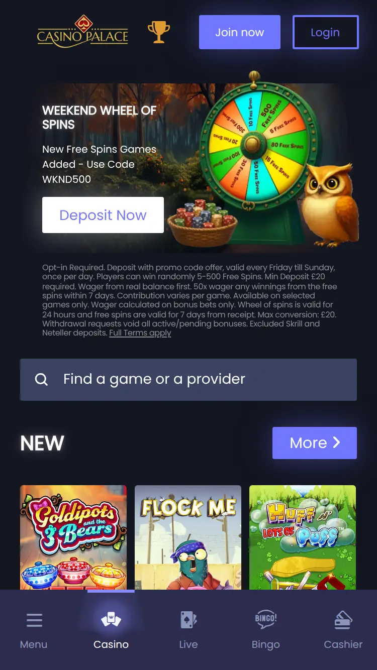 Casino Palace - homepage (mobile)