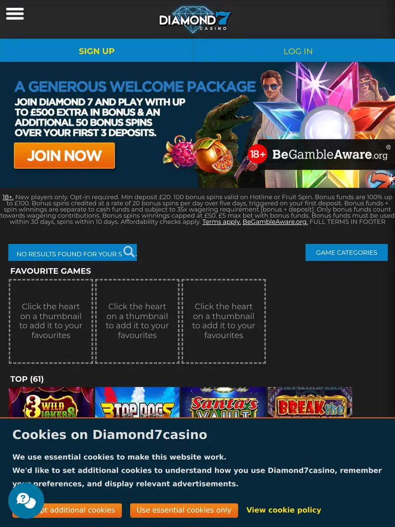 Diamond7 Casino - homepage (tablet)
