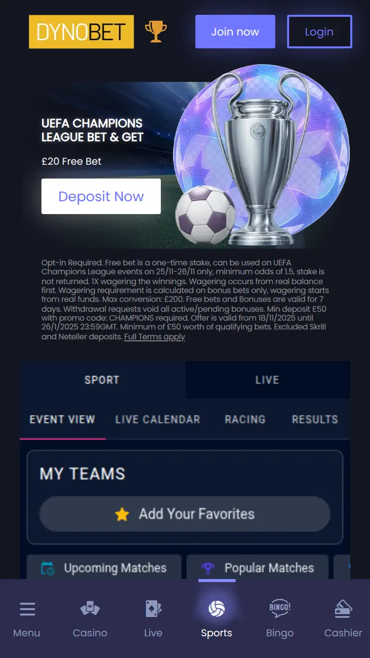 Dyno Bet - homepage (mobile)