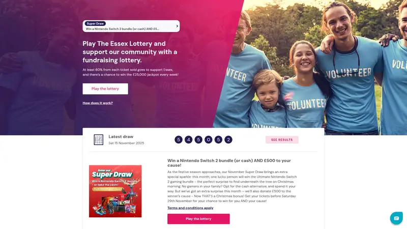 Essex Lottery - homepage (desktop)