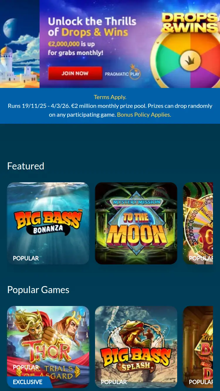 Eucasino - homepage (mobile)