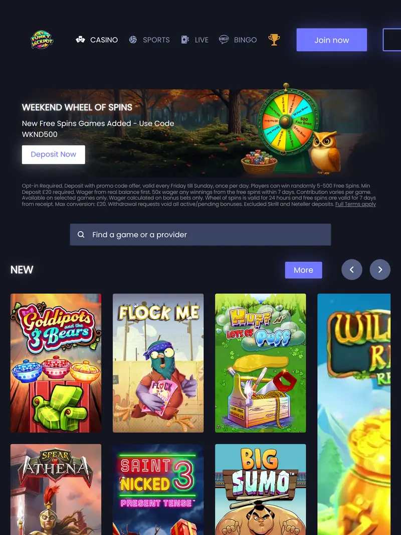 Funky Jackpot - homepage (tablet)