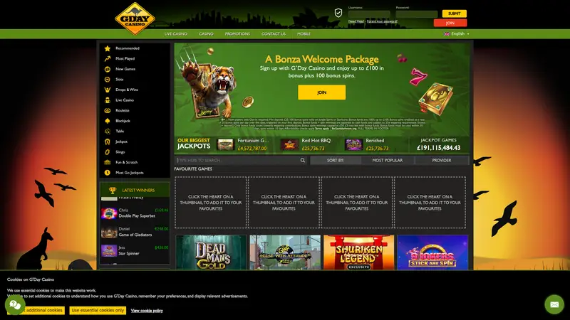 Gday Casino - homepage (desktop)