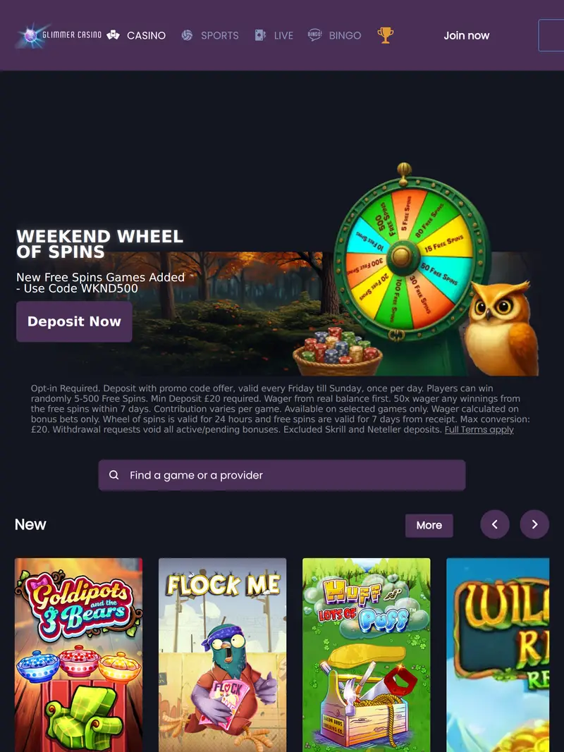 Glimmer Casino - homepage (tablet)