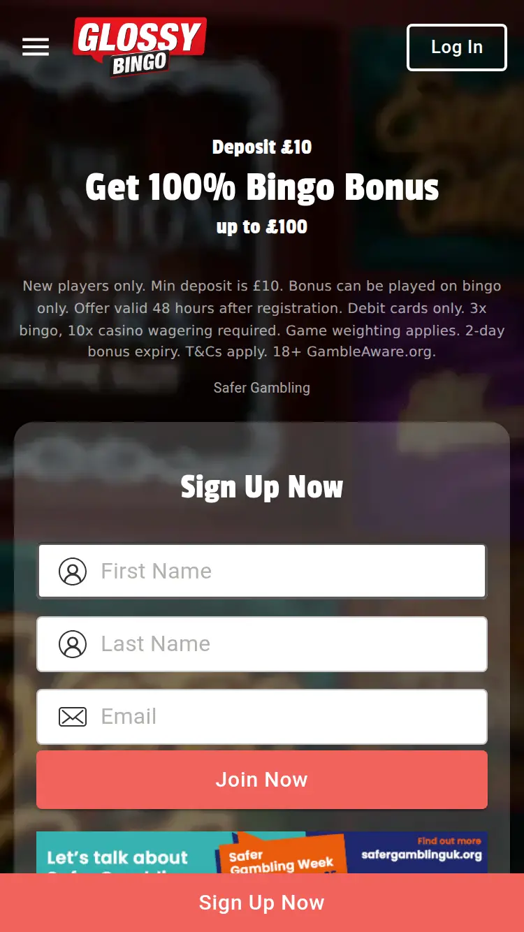 Glossy Bingo - homepage (mobile)