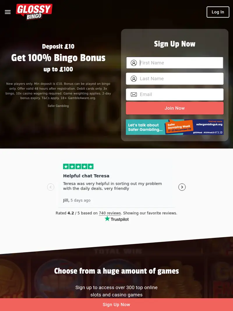 Glossy Bingo - homepage (tablet)