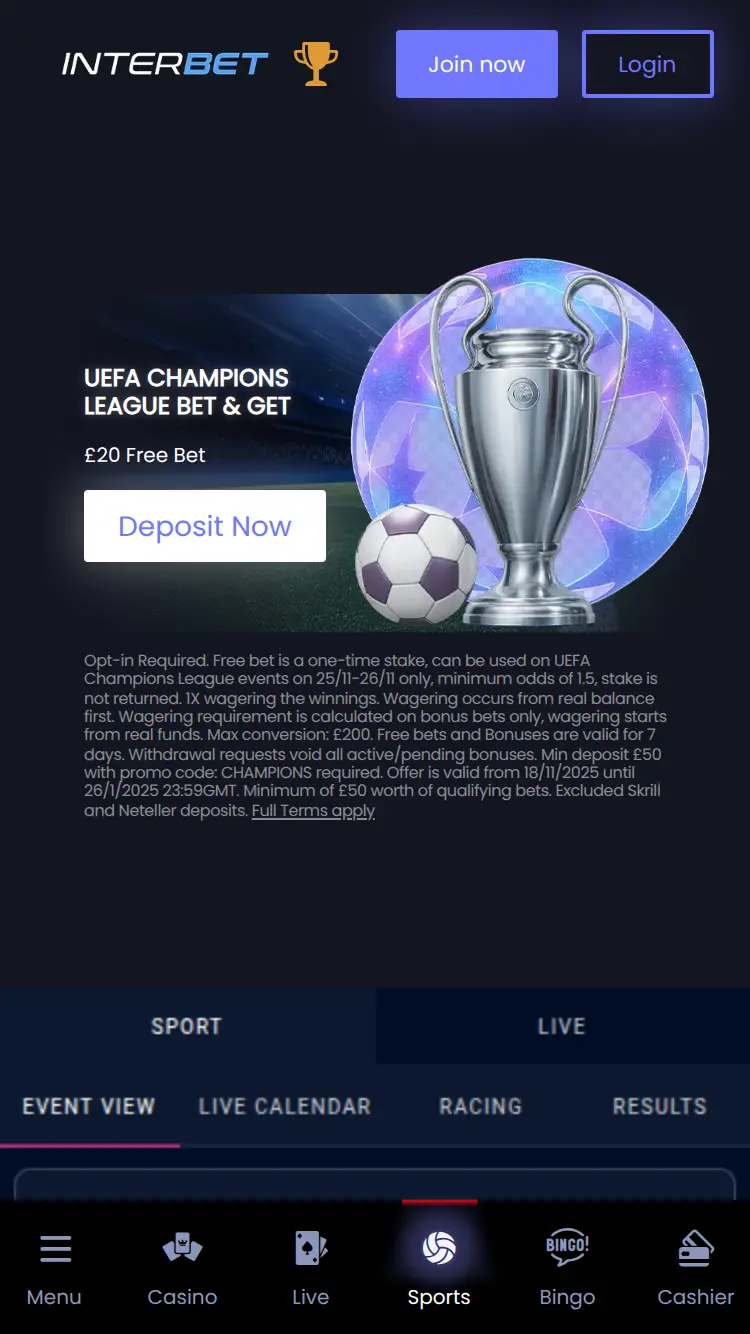 Inter Bet - homepage (mobile)