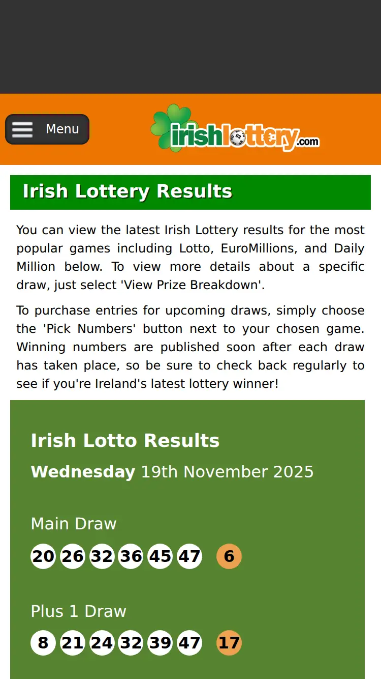 Irish Lottery - homepage (mobile)