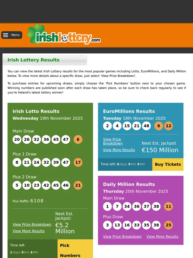 Irish Lottery - homepage (tablet)