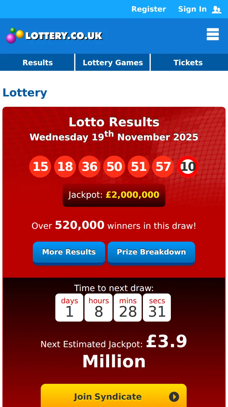 Lottery - homepage (mobile)