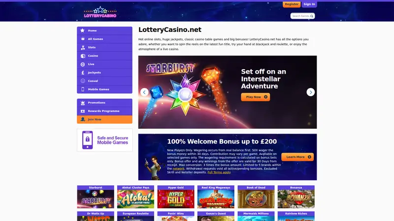 Lottery Casino - homepage (desktop)