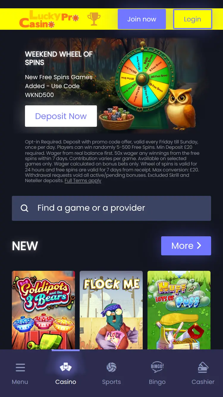 Luckypro Casino - homepage (mobile)