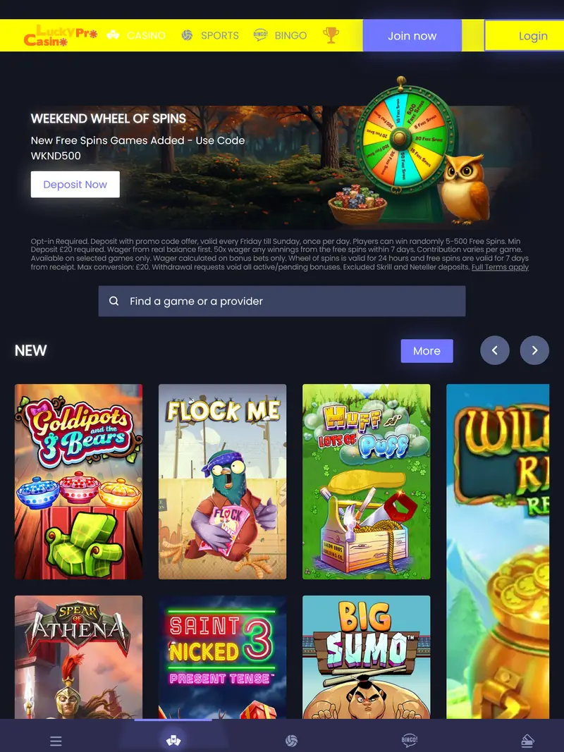 Luckypro Casino - homepage (tablet)