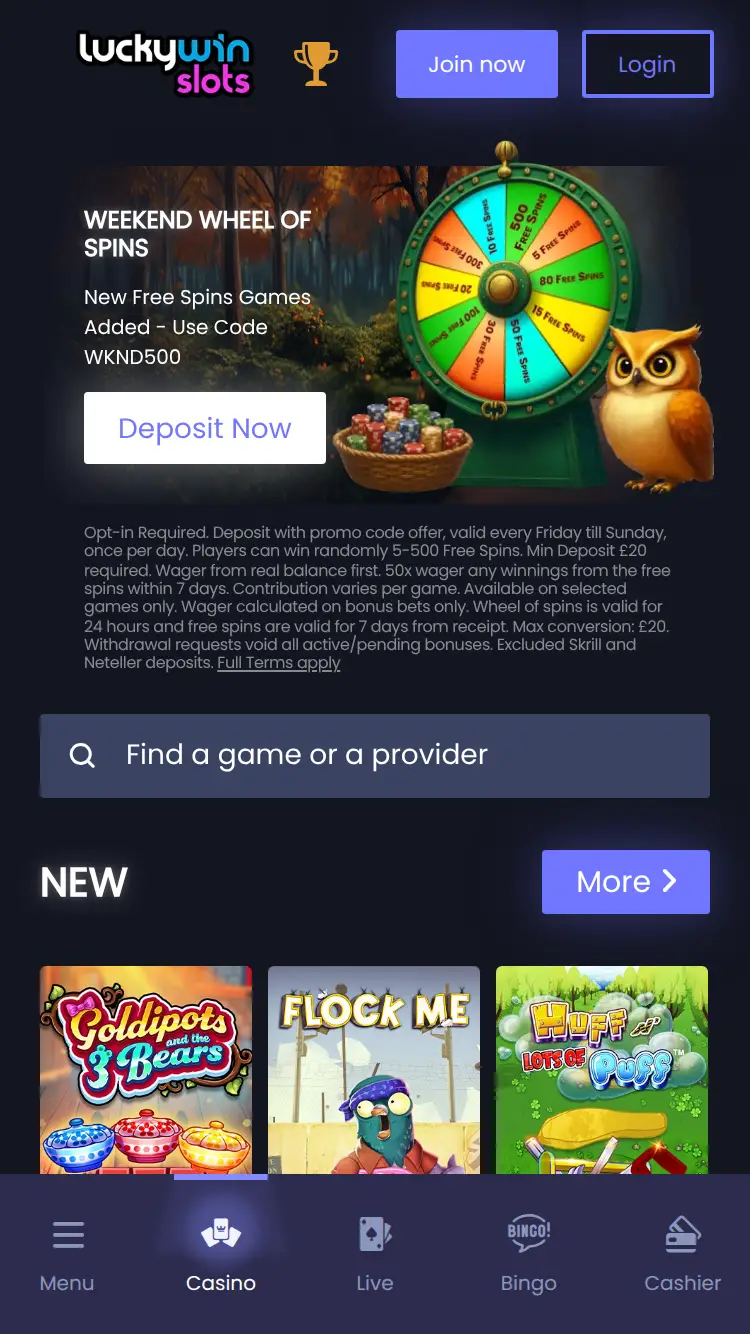 Lucky Win Slots - homepage (mobile)