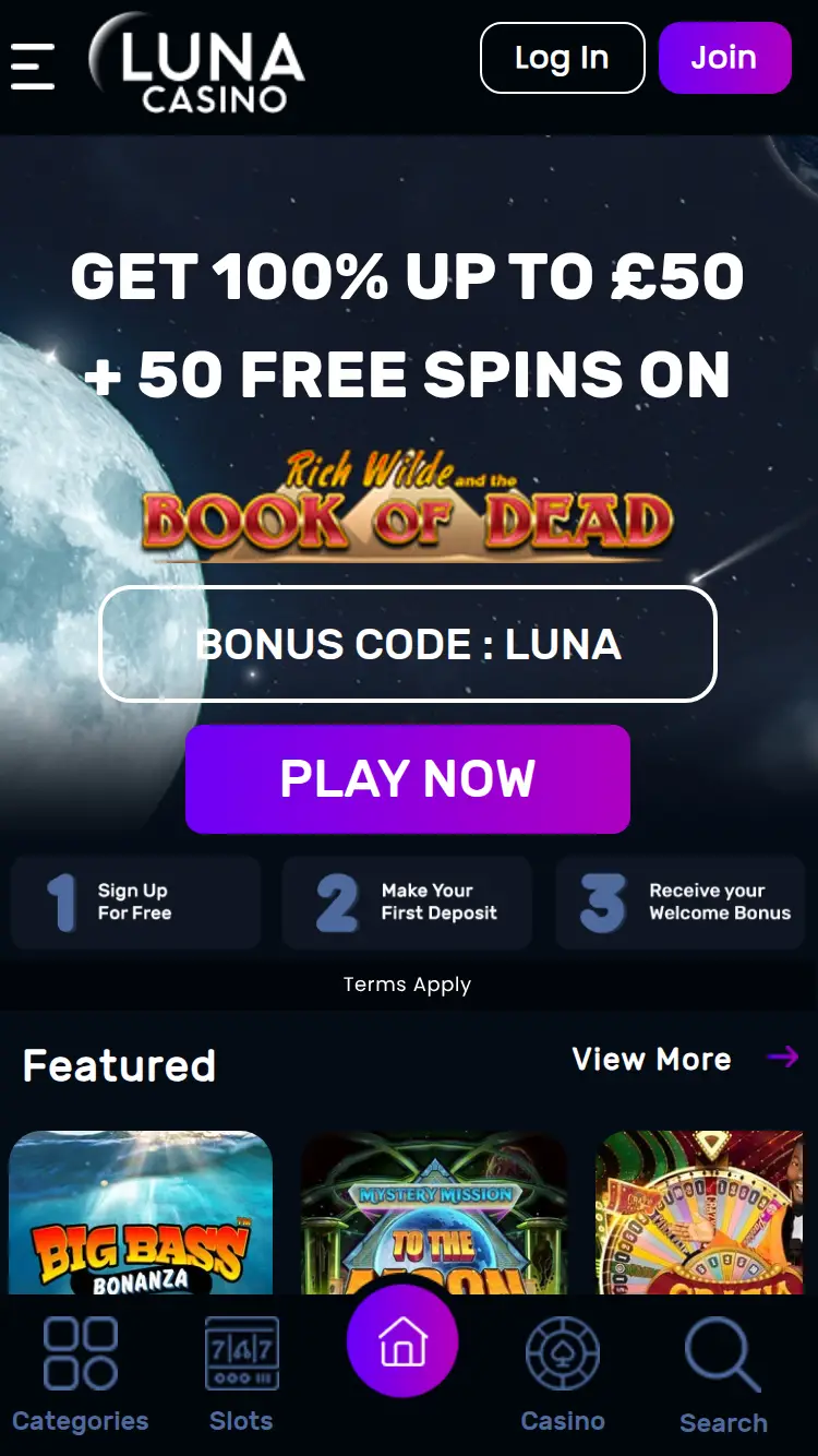Luna Casino - homepage (mobile)