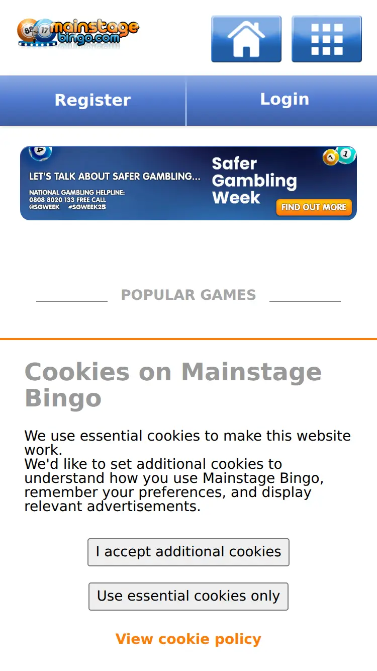 Mainstage Bingo - homepage (mobile)