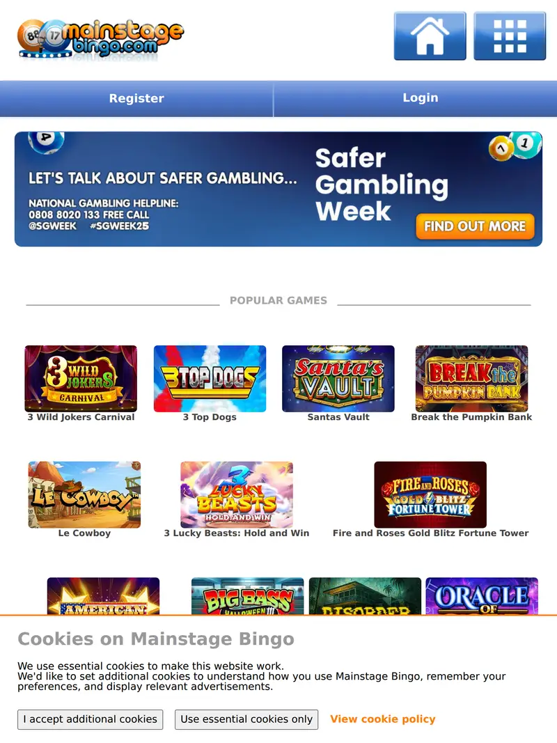 Mainstage Bingo - homepage (tablet)