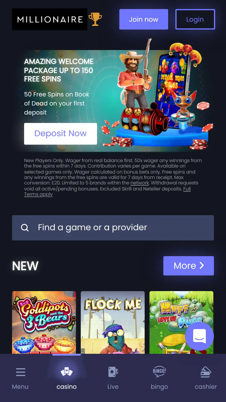 Millionaire - homepage (mobile)