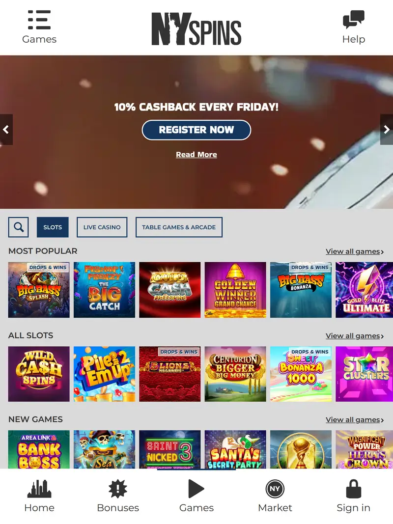 Nyspins - homepage (tablet)