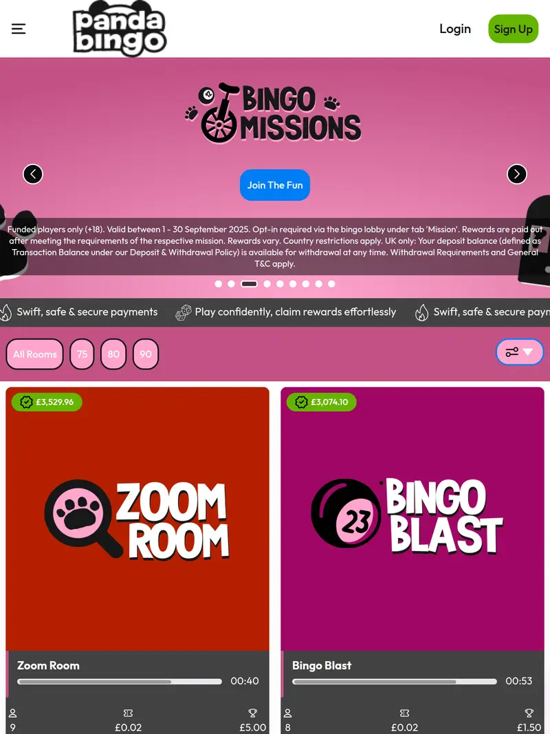 Panda Bingo - homepage (tablet)