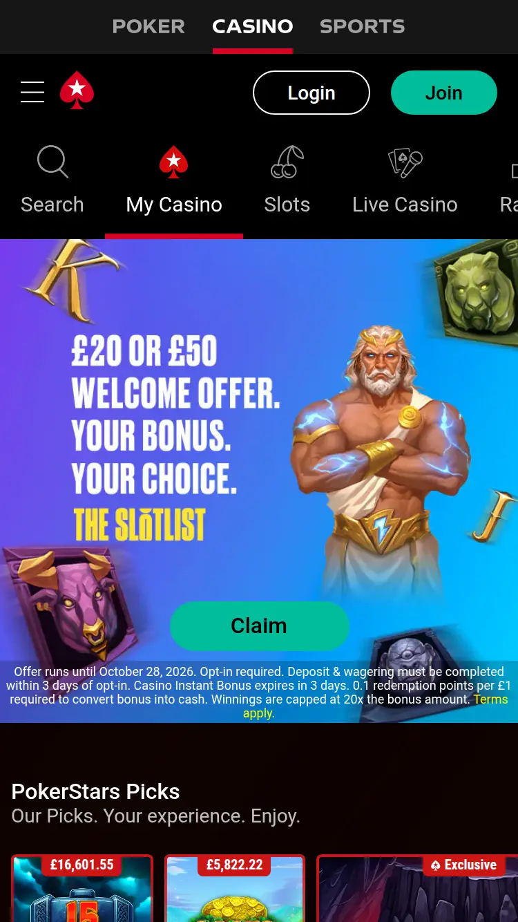 Pokerstars Casino - homepage (mobile)