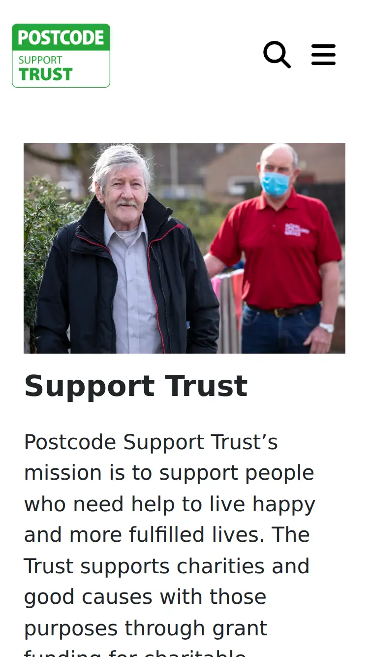 Postcodesupporttrust - homepage (mobile)