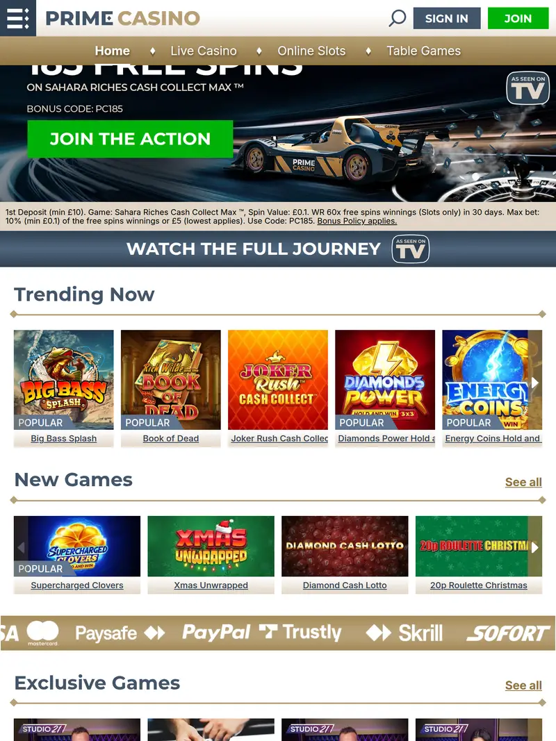 Prime Casino - homepage (tablet)