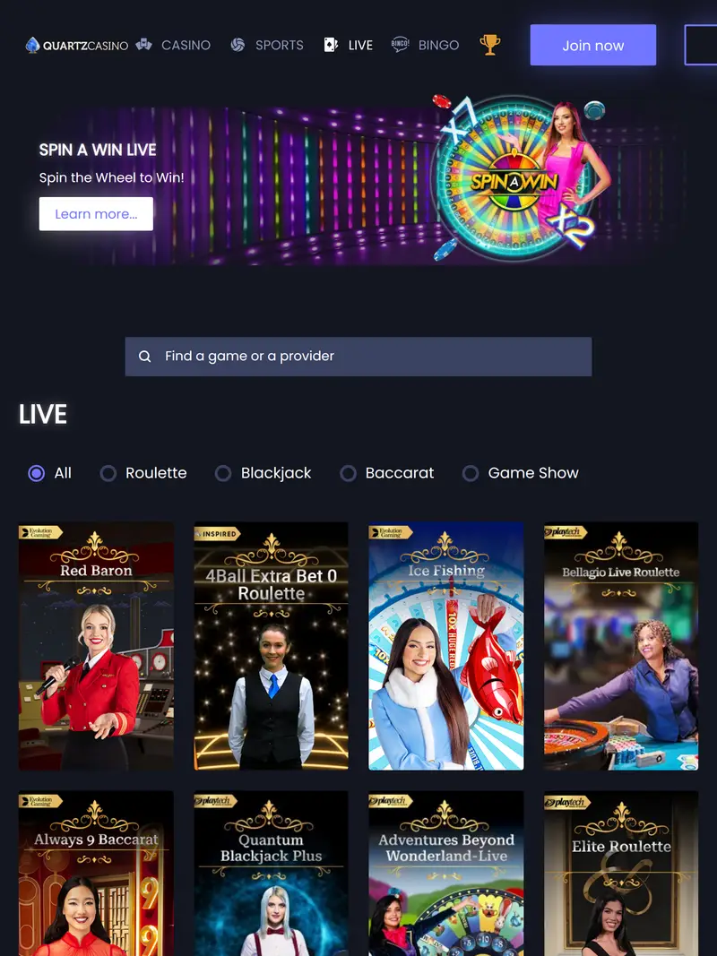 Quartz Casino - homepage (tablet)