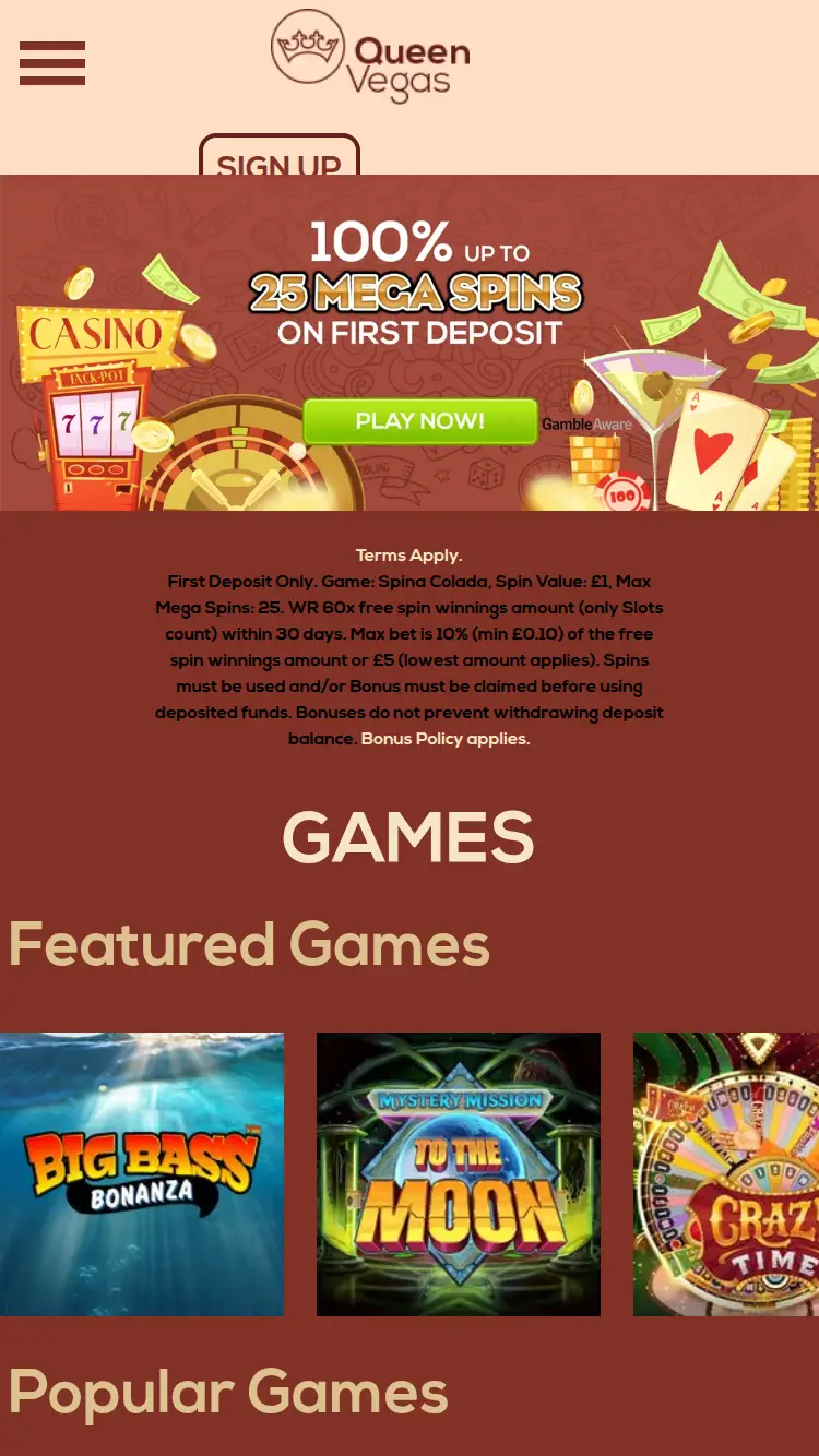 Queen Vegas - homepage (mobile)