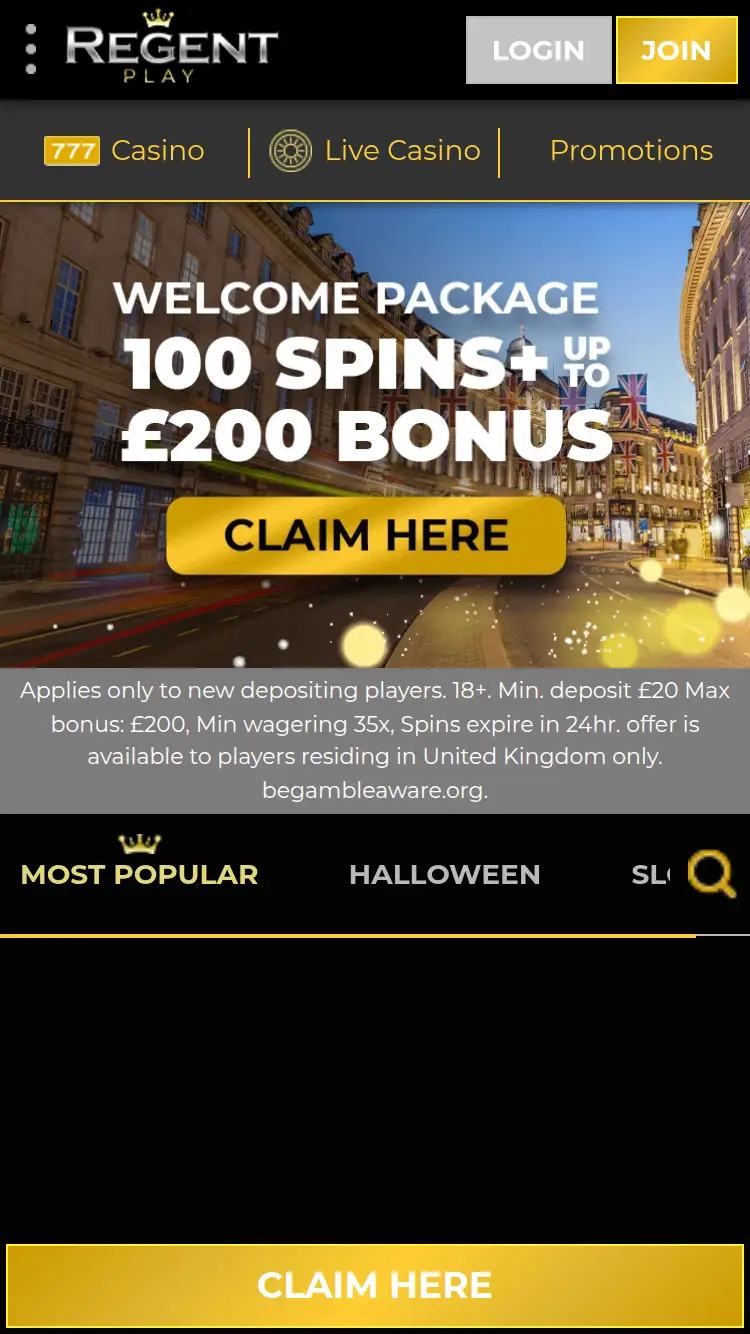 Regent Play - homepage (mobile)