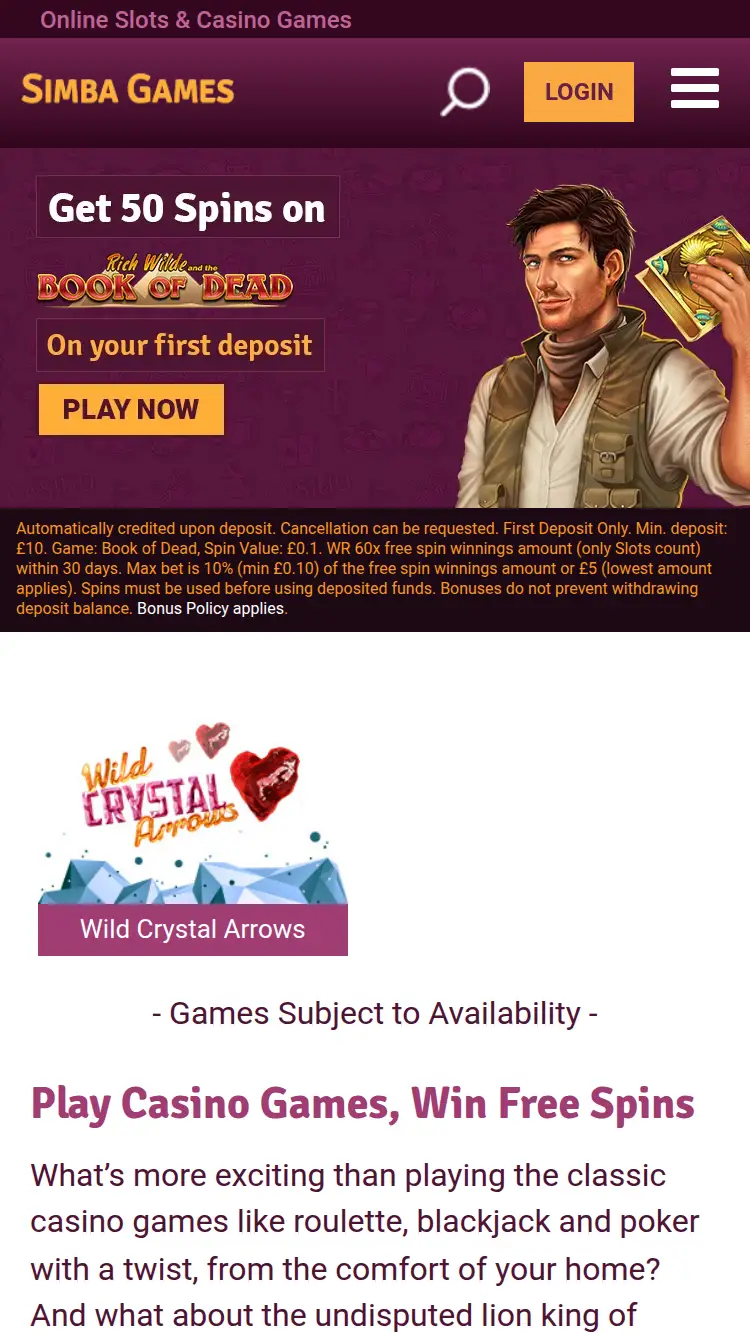 Simba Games - homepage (mobile)