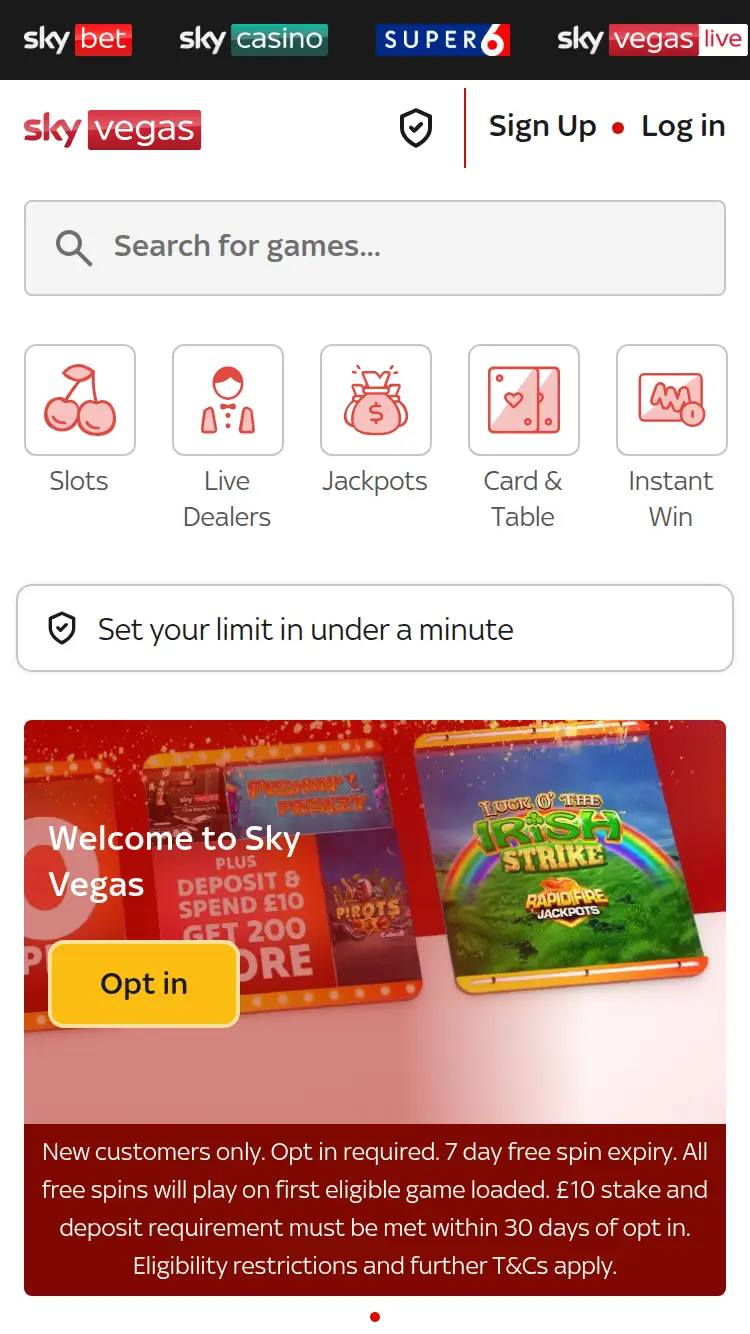 Sky Vegas - homepage (mobile)
