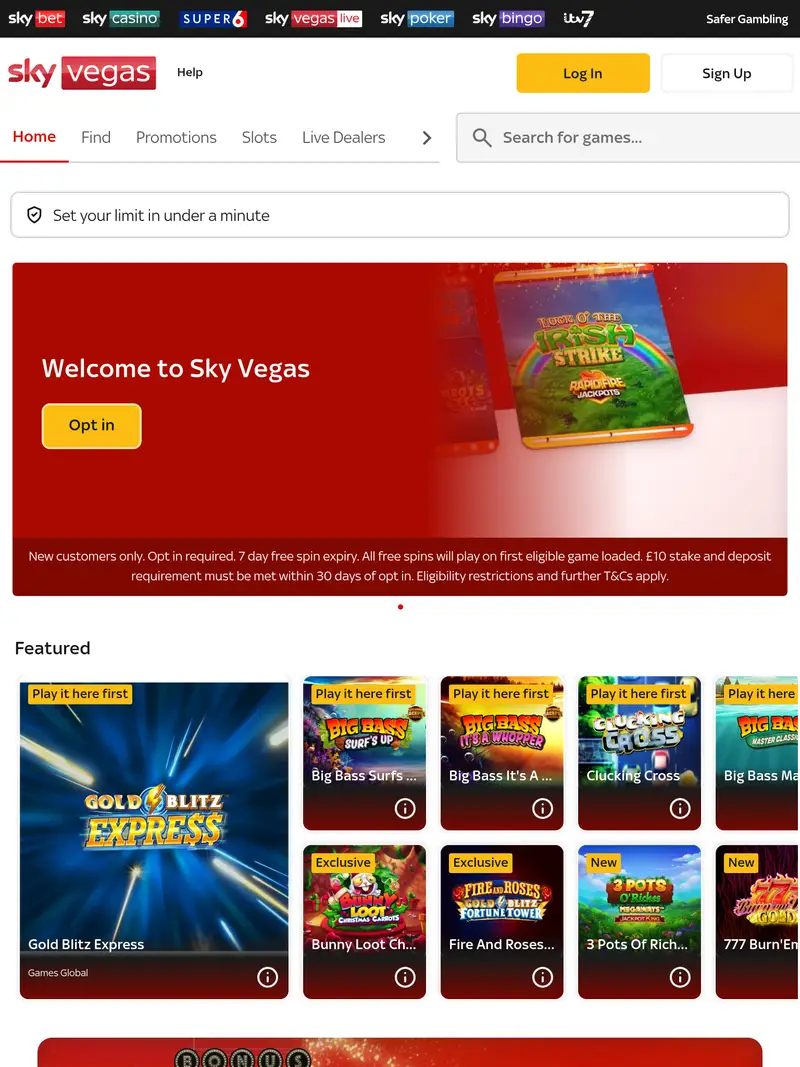 Sky Vegas - homepage (tablet)