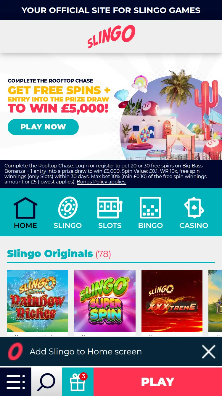 Slingo - homepage (mobile)