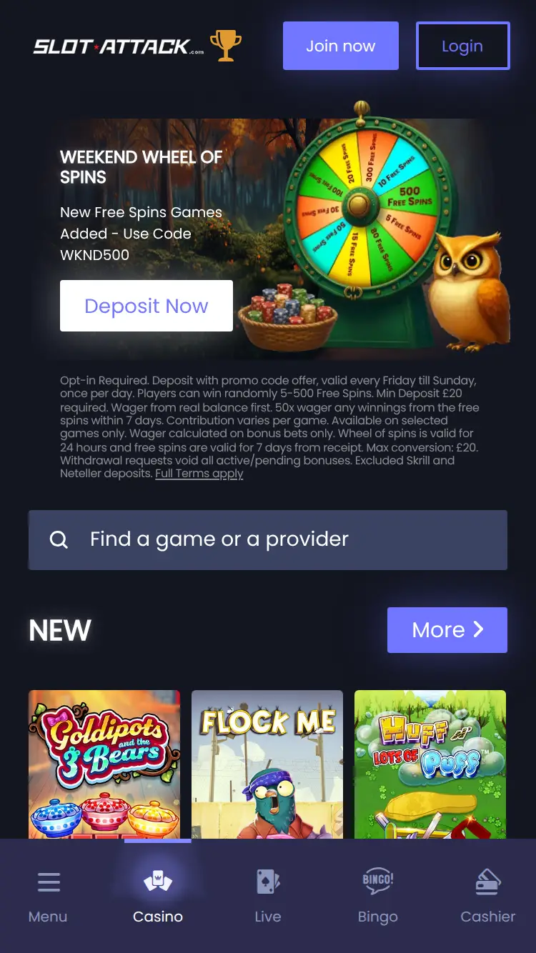 Slotattack - homepage (mobile)