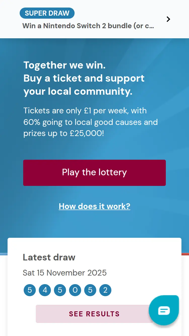 Southstaffs Lottery - homepage (mobile)