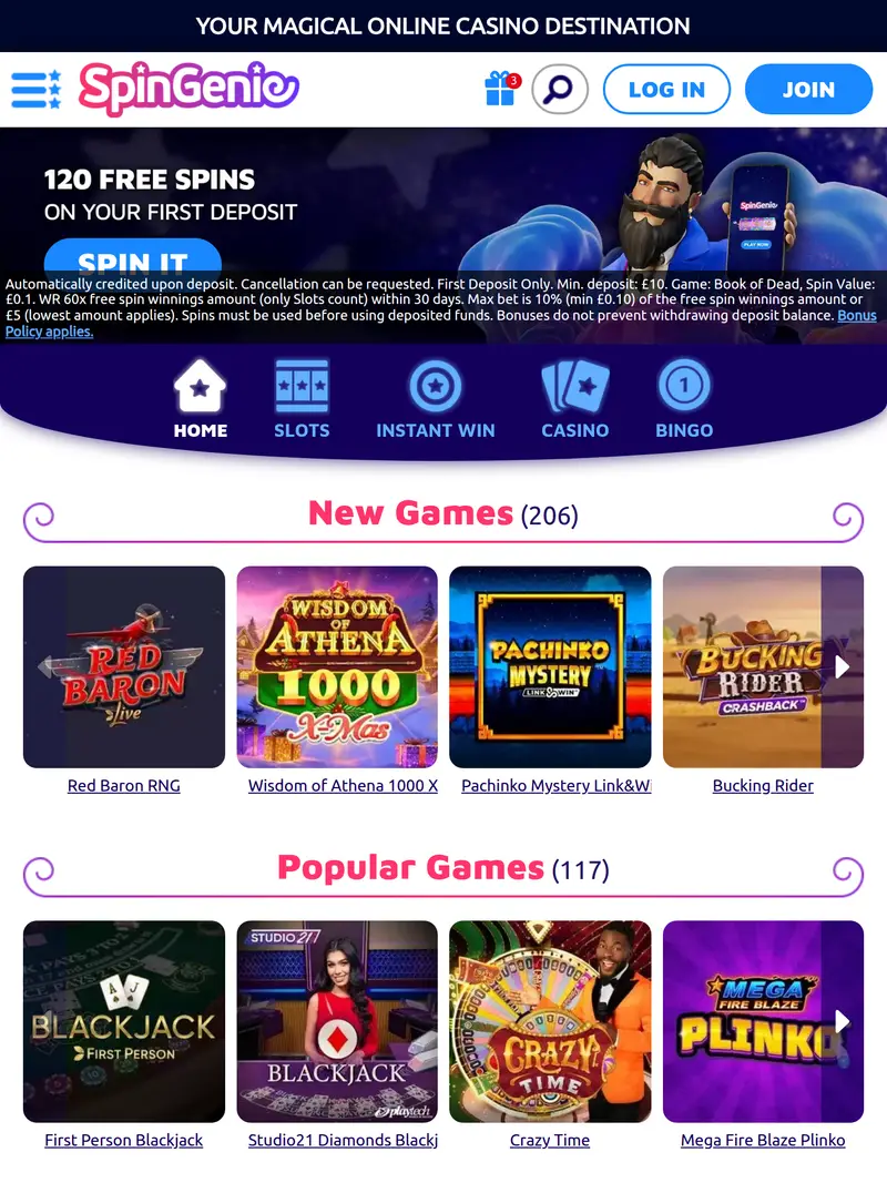 Spin Genie - homepage (tablet)